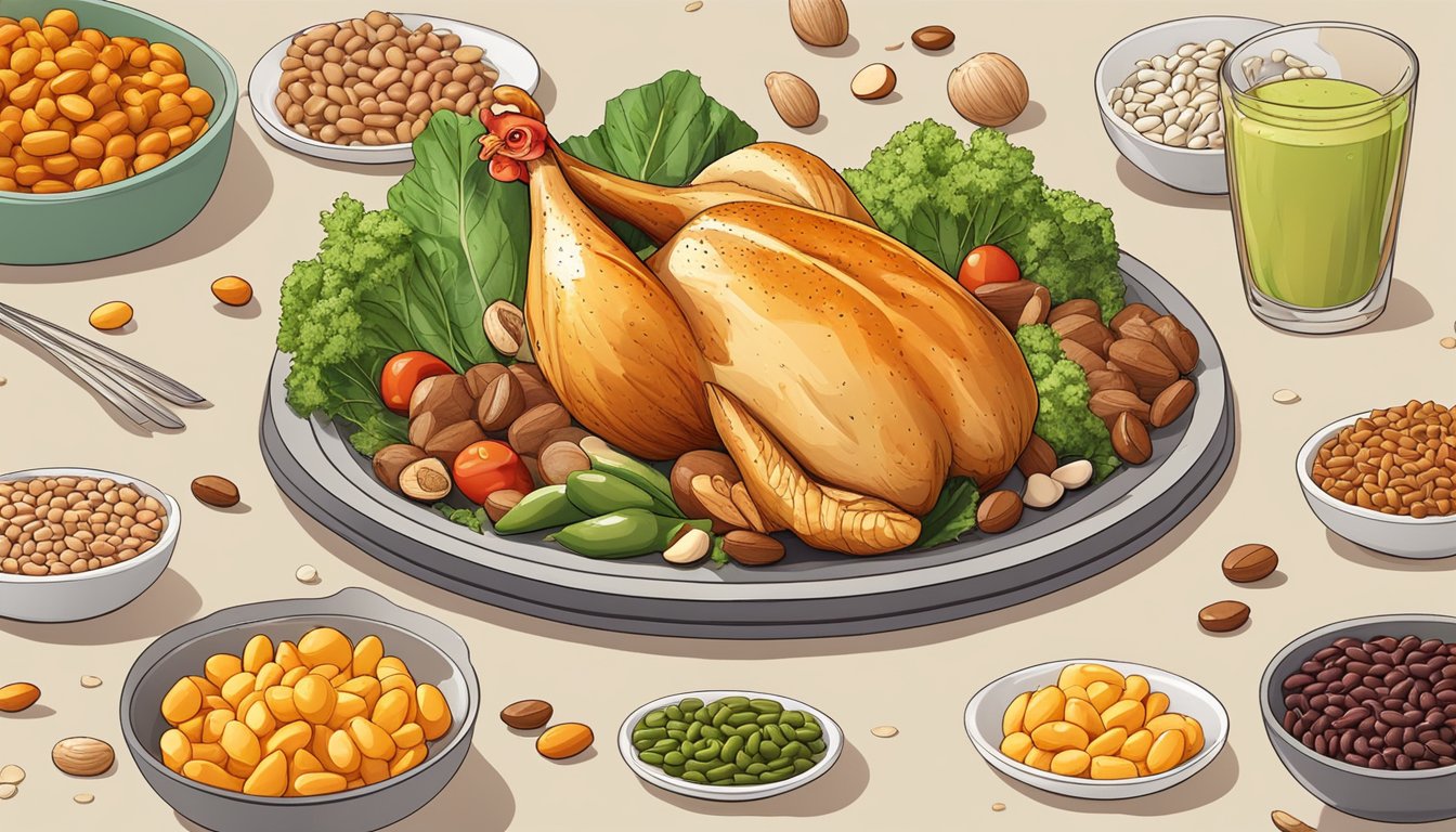 A chicken breast surrounded by phosphorus-rich foods like beans and nuts