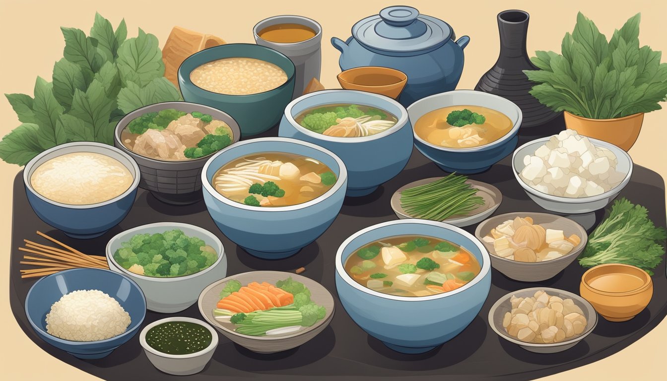 A bowl of miso soup surrounded by various miso-based dishes and ingredients, highlighting the natural digestive enzymes present in the food