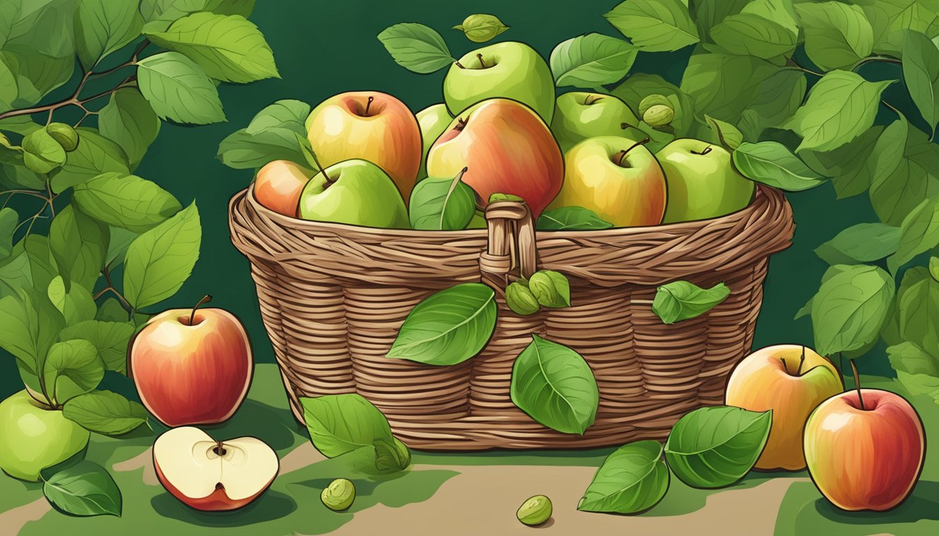 A basket of unpeeled apples surrounded by green leaves and a few scattered apple seeds