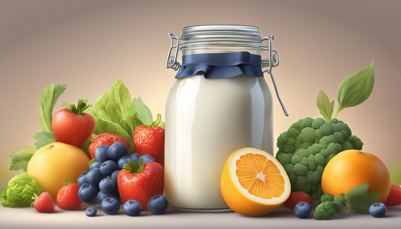 A glass jar filled with kefir surrounded by fresh fruits and vegetables