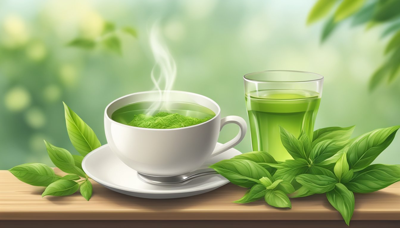 A steaming cup of green tea surrounded by fresh green tea leaves and a plate of nutritious foods rich in rutin