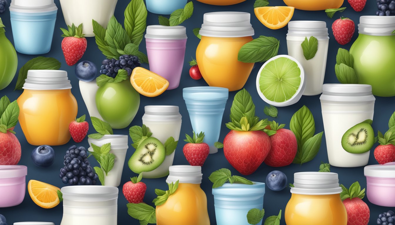 A variety of yogurt containers surrounded by colorful fruits and herbs