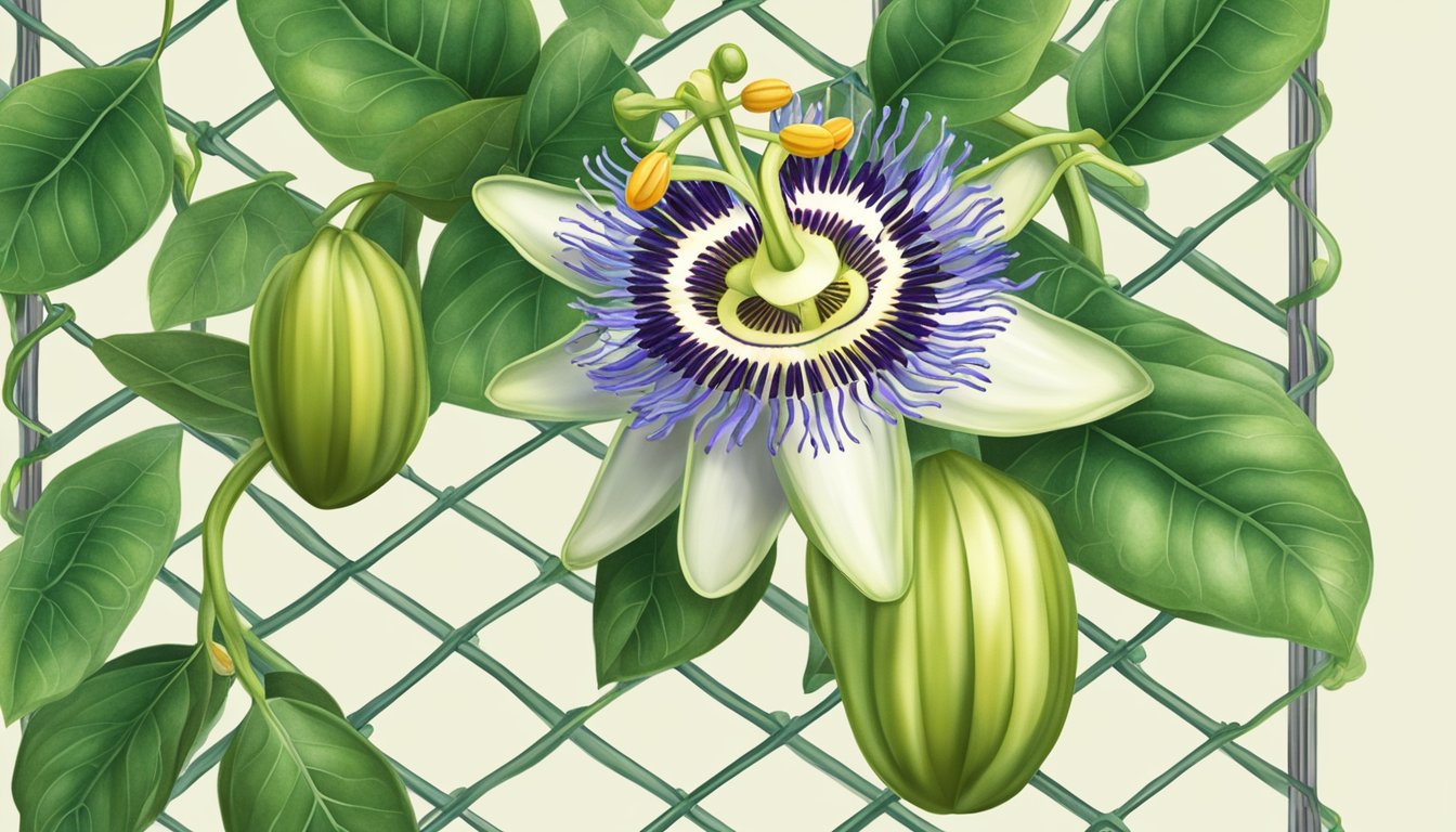 A passionflower vine winding around a trellis, with ripe fruits and lush green leaves