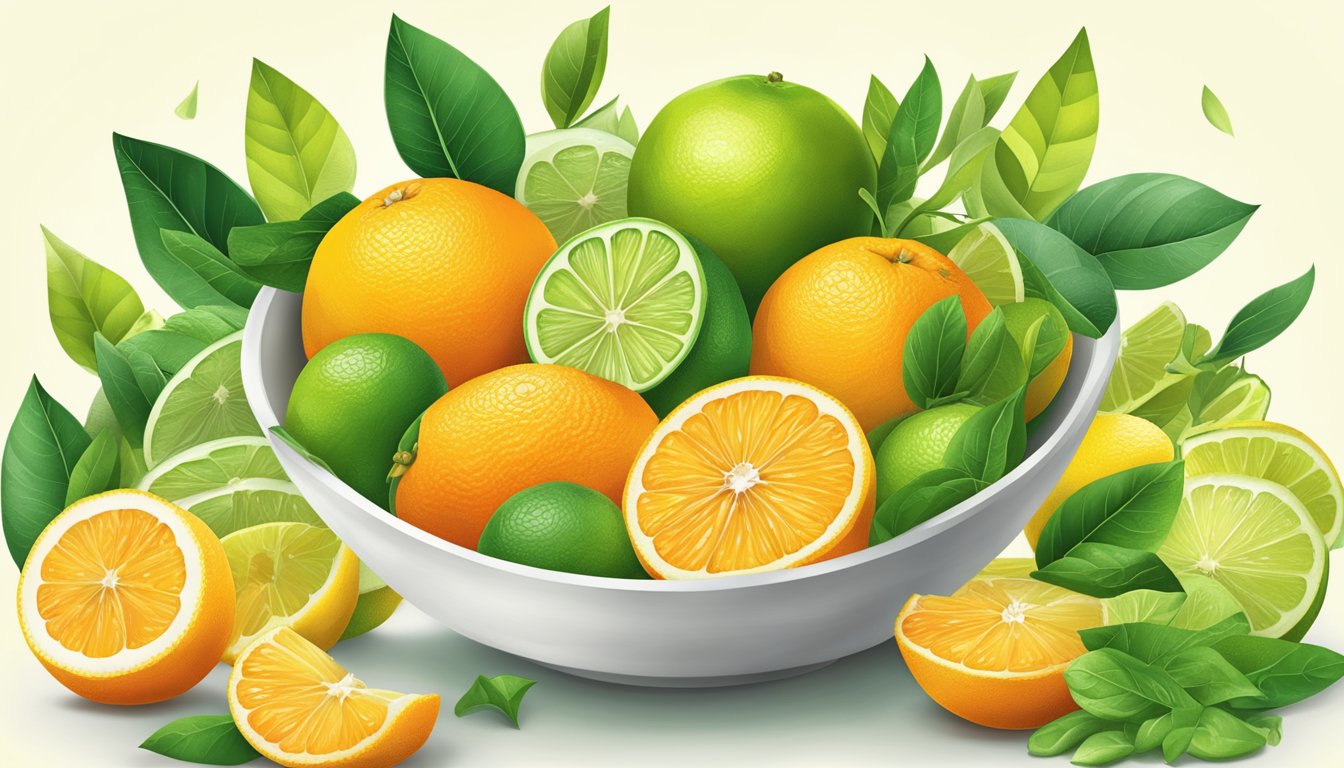 A bowl of vibrant citrus fruits, including oranges, lemons, and limes, surrounded by green leaves and sliced open to reveal their juicy, nutritious flesh