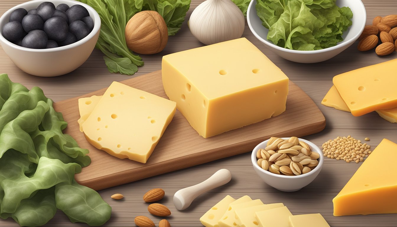 A variety of cheddar cheese foods displayed on a wooden board, surrounded by ingredients high in phosphorus such as nuts, seeds, and leafy greens