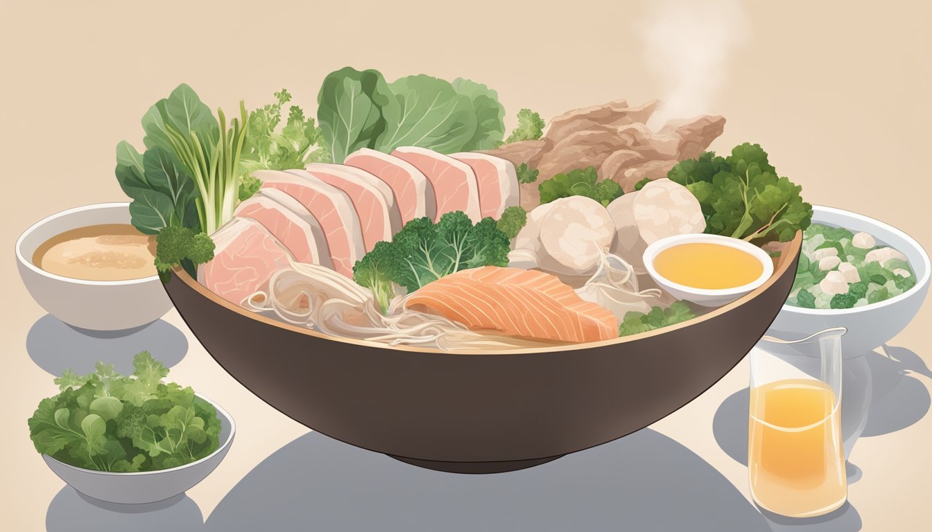 A steaming bowl of pork broth surrounded by collagen-rich foods like bone-in pork, fish, and leafy greens