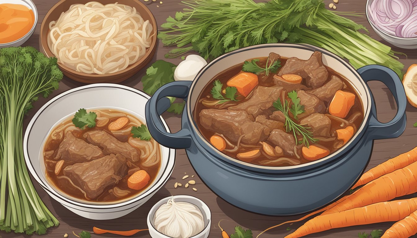 A simmering pot of beef tendon stew, surrounded by ingredients like carrots and onions, rich in type 2 collagen