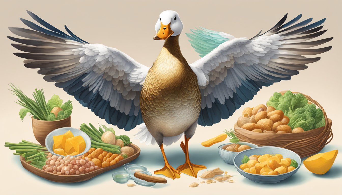 A duck with outstretched wings surrounded by collagen-rich foods