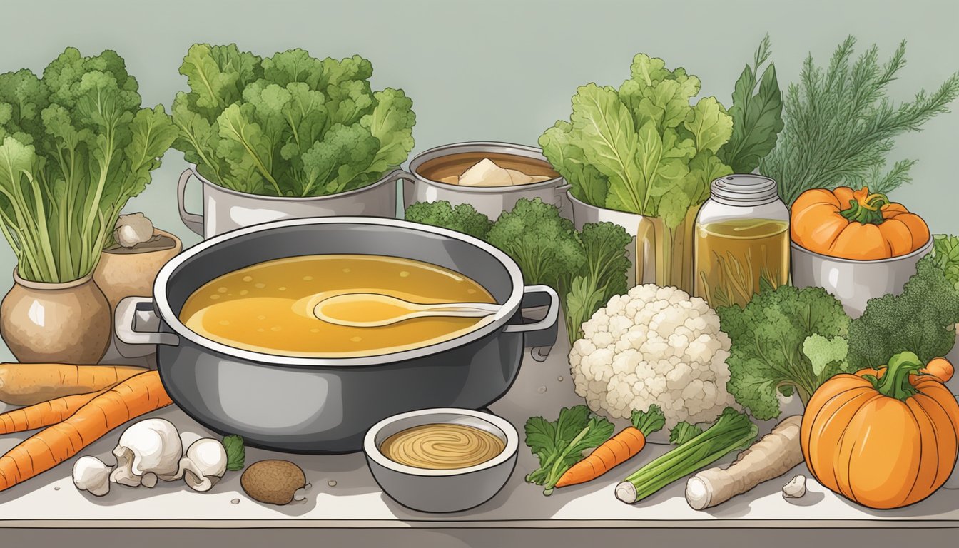 A simmering pot of bone broth surrounded by collagen-rich ingredients like vegetables and herbs