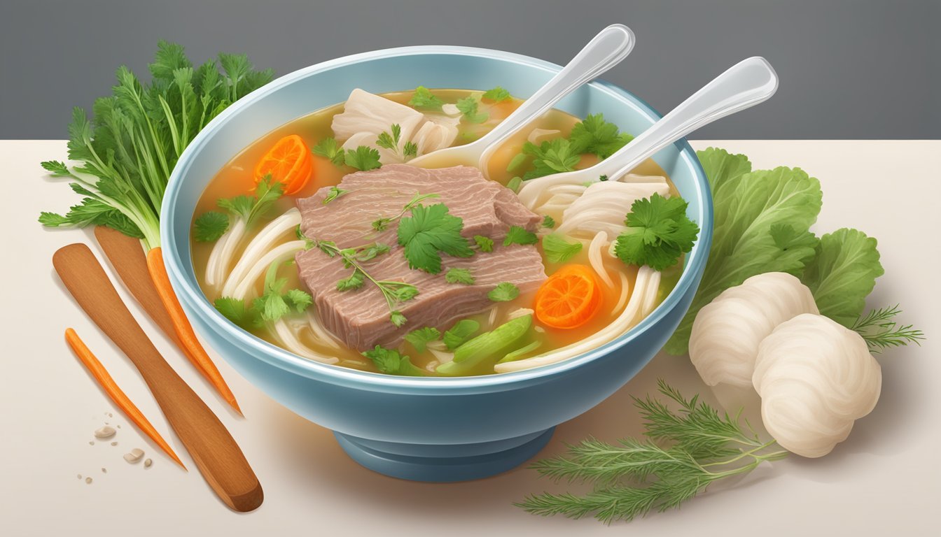 A bowl of beef tripe soup surrounded by collagen-rich vegetables and herbs