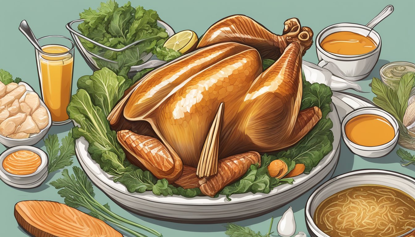 A turkey neck surrounded by collagen-rich foods like bone broth, fish, and leafy greens