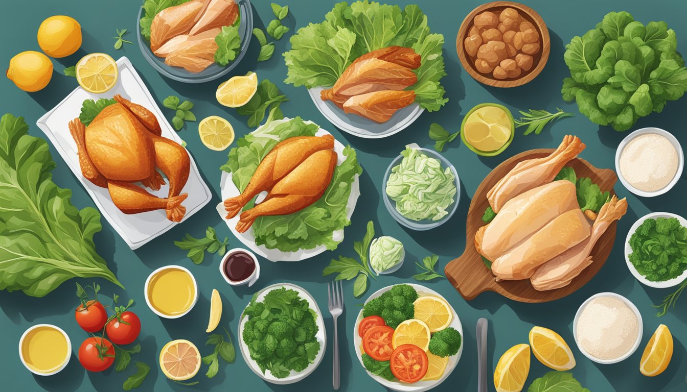 A variety of foods such as chicken, fish, and leafy greens displayed on a table, emphasizing their richness in type 2 collagen