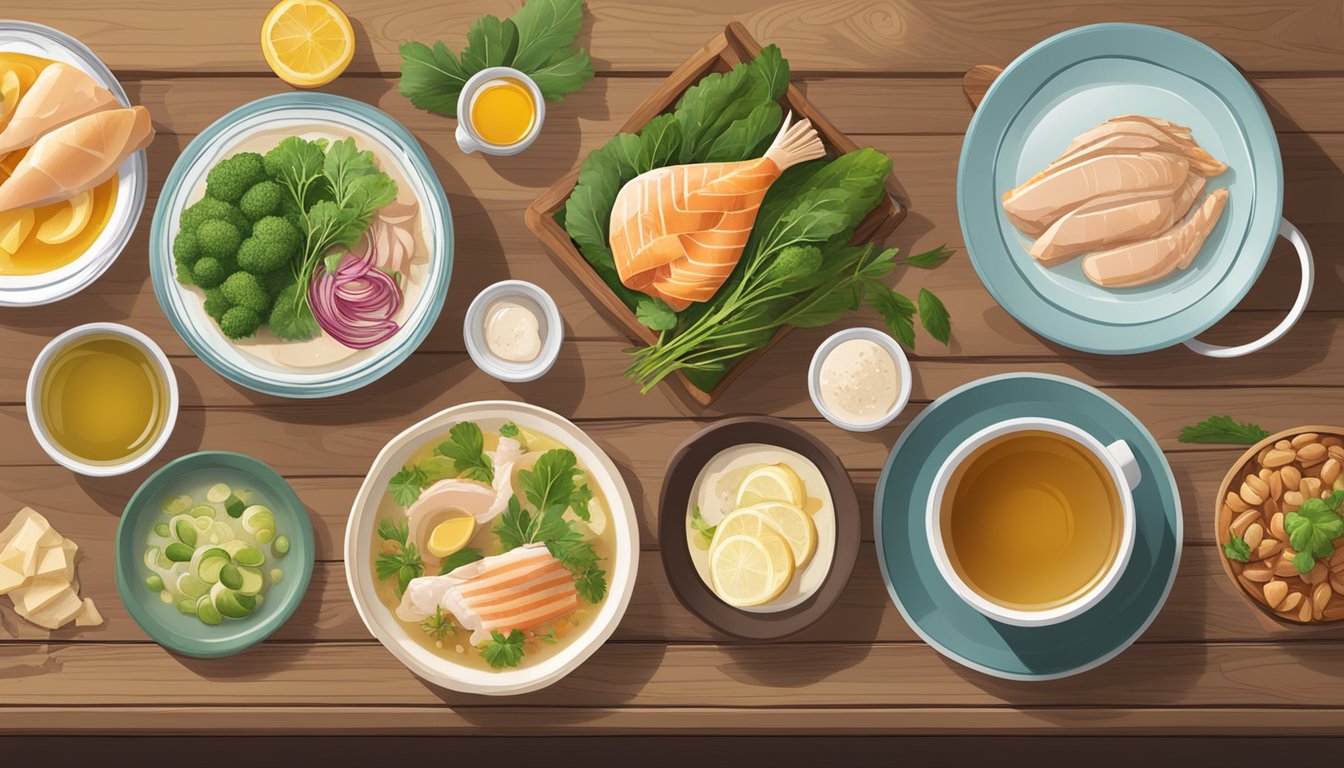 A variety of foods rich in type 2 collagen, such as bone broth, fish, and chicken, displayed on a wooden table