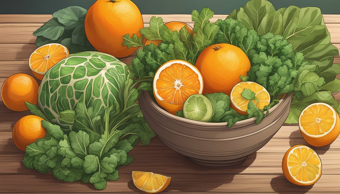 A bowl of vibrant oranges, leafy greens, and other foods high in vitamin B9 folate arranged on a wooden table