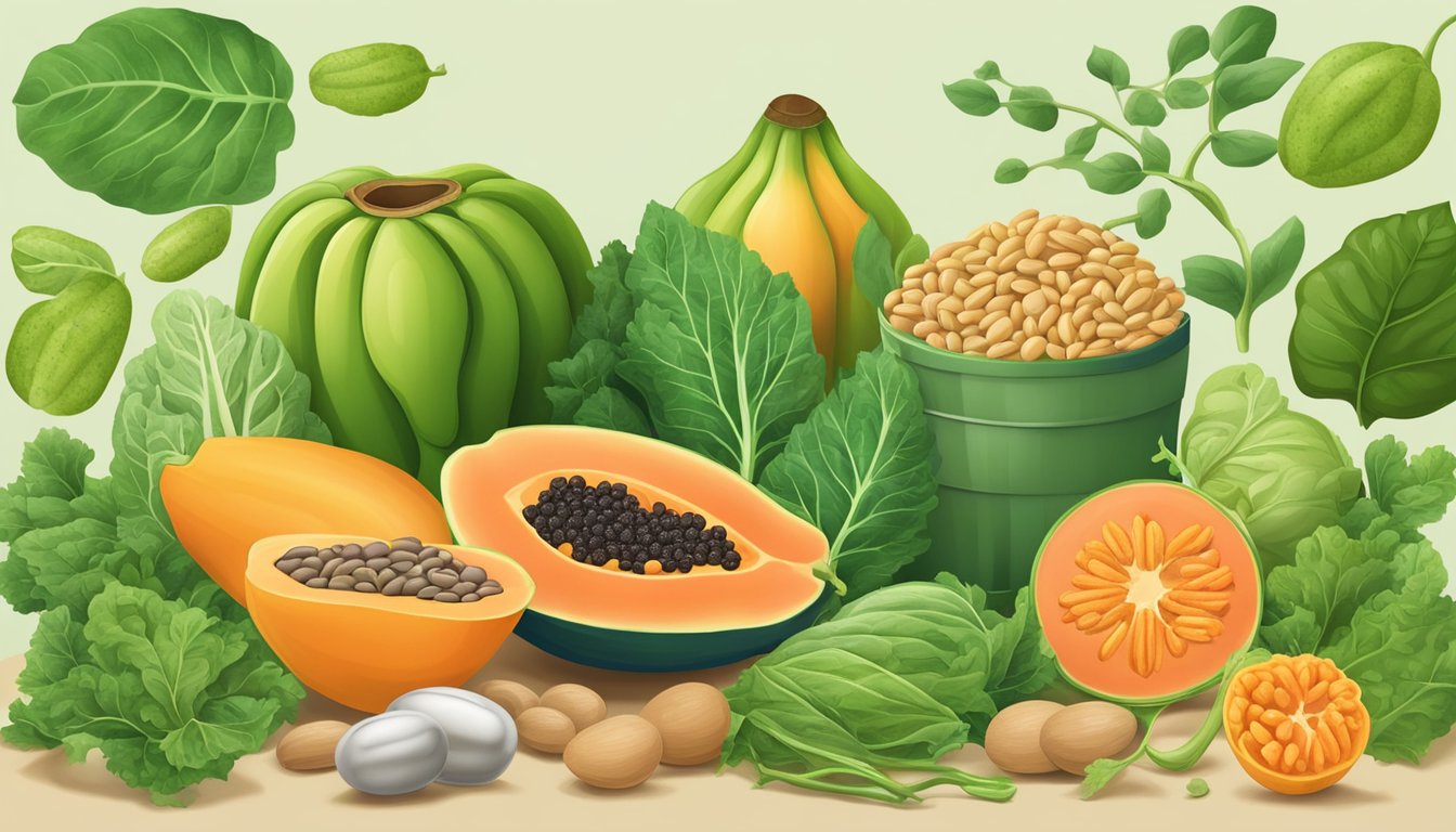 A papaya surrounded by various folate-rich foods like leafy greens and beans