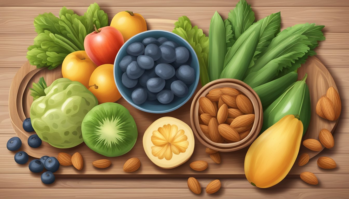 A bowl of almonds surrounded by fresh fruits and vegetables on a wooden cutting board