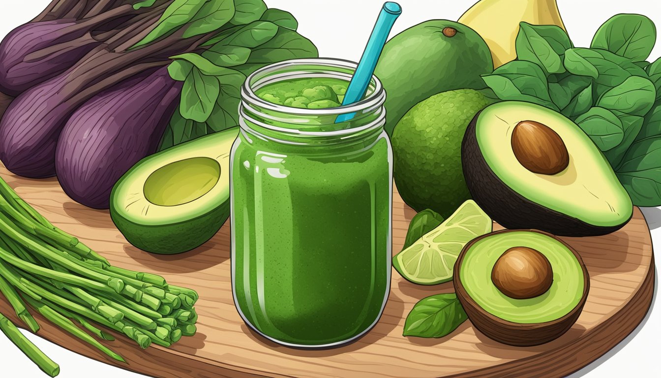 A colorful array of spinach, avocados, and asparagus arranged on a wooden cutting board. A vibrant green smoothie sits next to the ingredients