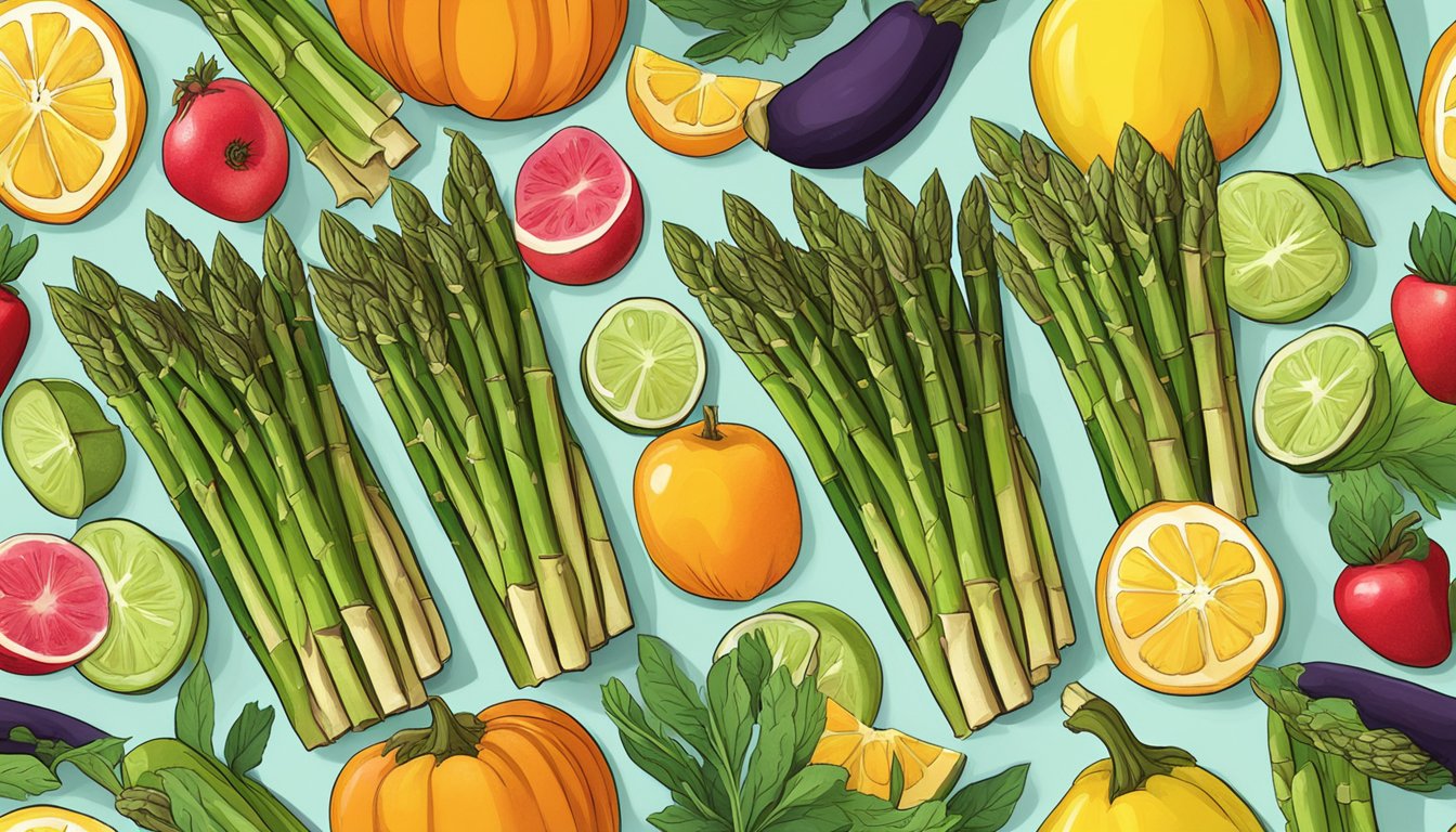 A vibrant bunch of asparagus surrounded by colorful fruits and vegetables