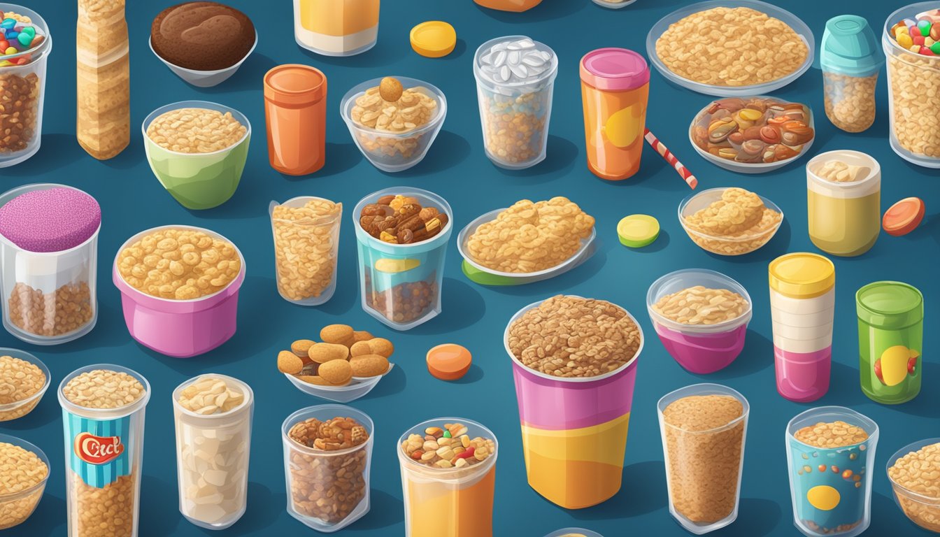 A colorful array of instant oatmeal packs surrounded by sugary foods like candy, cookies, and soda