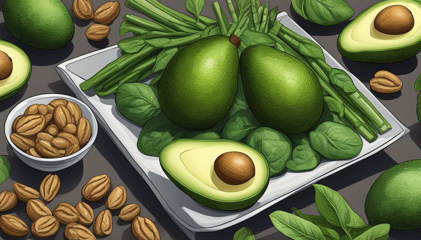 A table filled with ripe avocados, walnuts, spinach, and asparagus