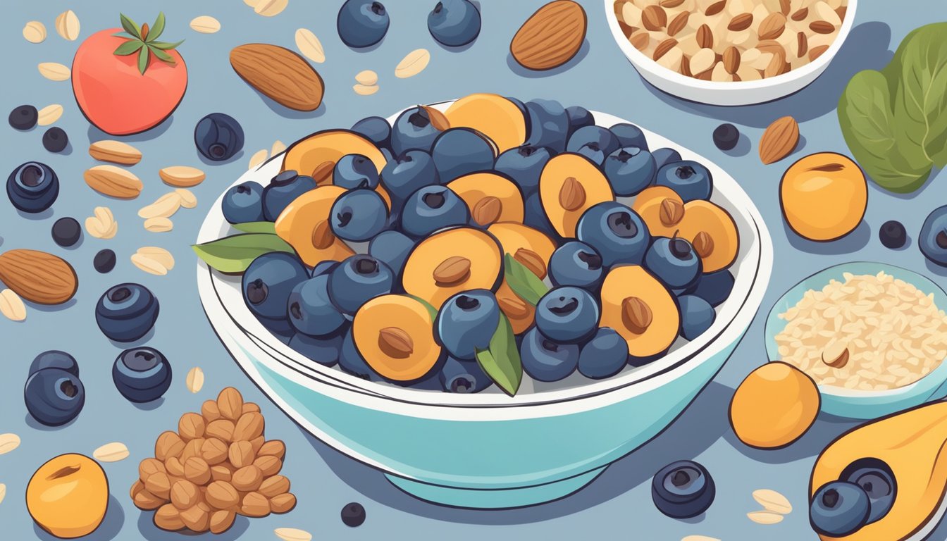 A bowl of fresh blueberries surrounded by other heart-healthy foods like nuts and oats, with a bright and inviting color palette