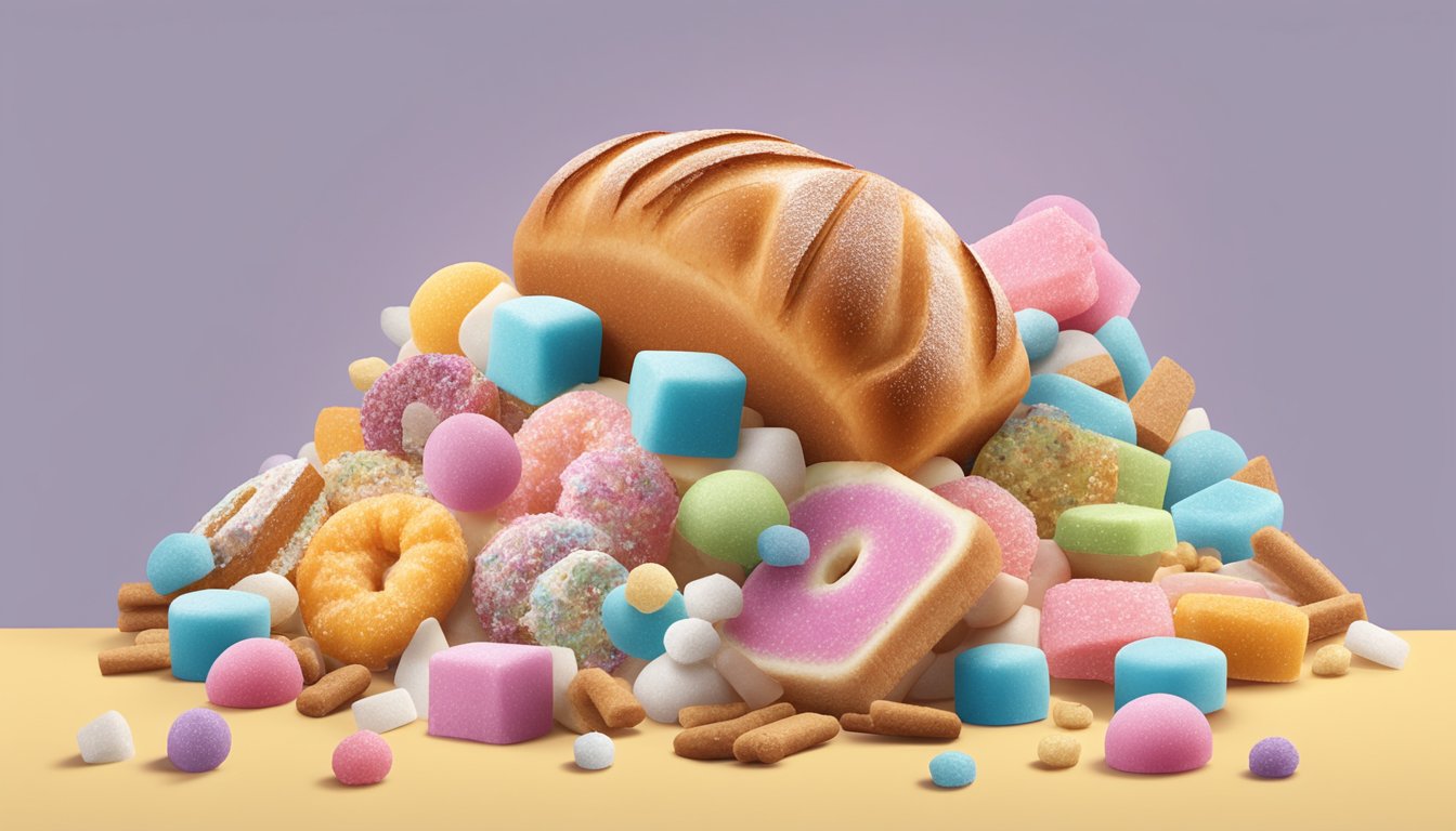 A loaf of bread surrounded by sugary treats and a sugar cube mountain