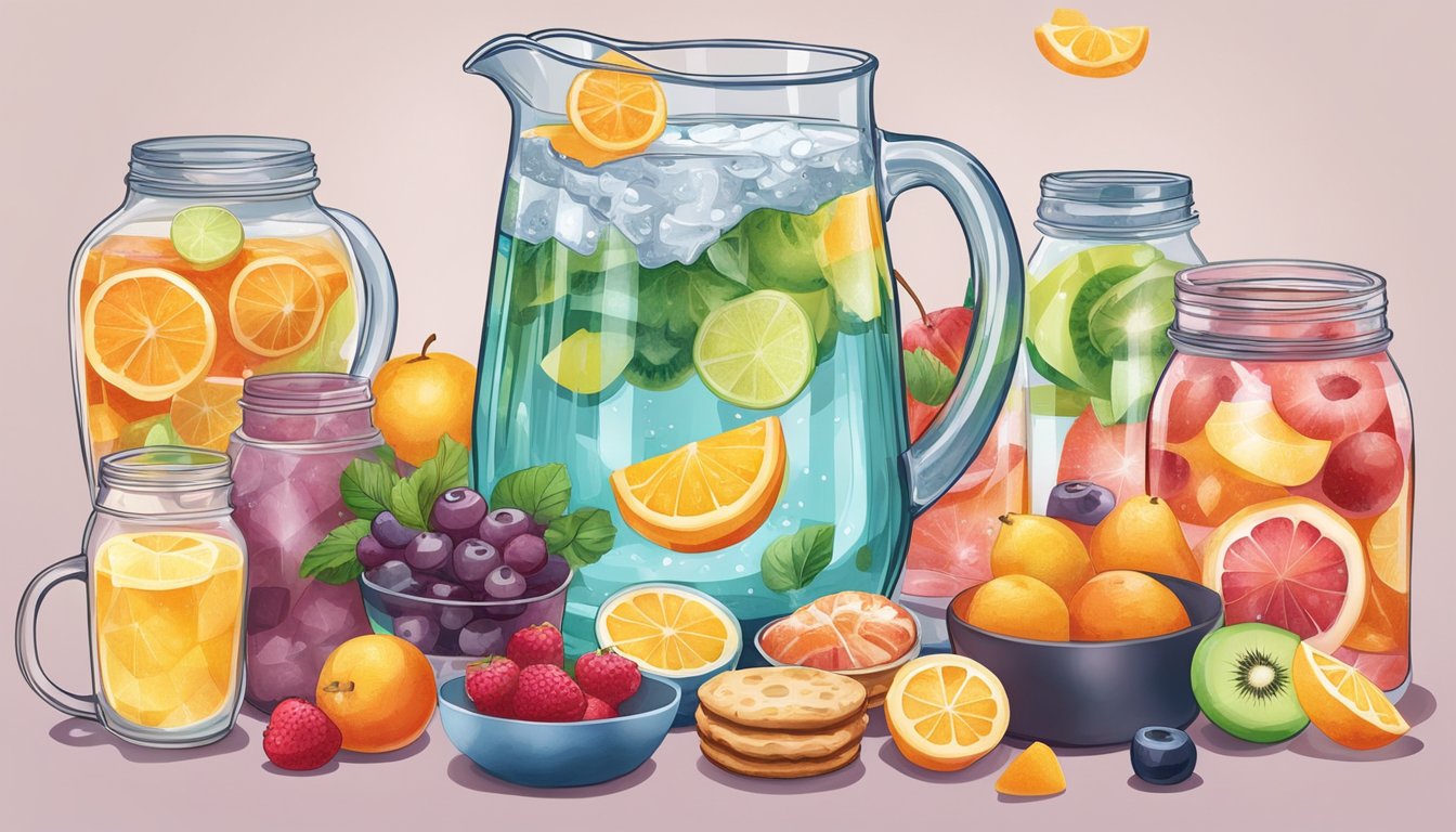 A glass pitcher of fruit-infused water surrounded by sugary foods like soda, candy, and pastries