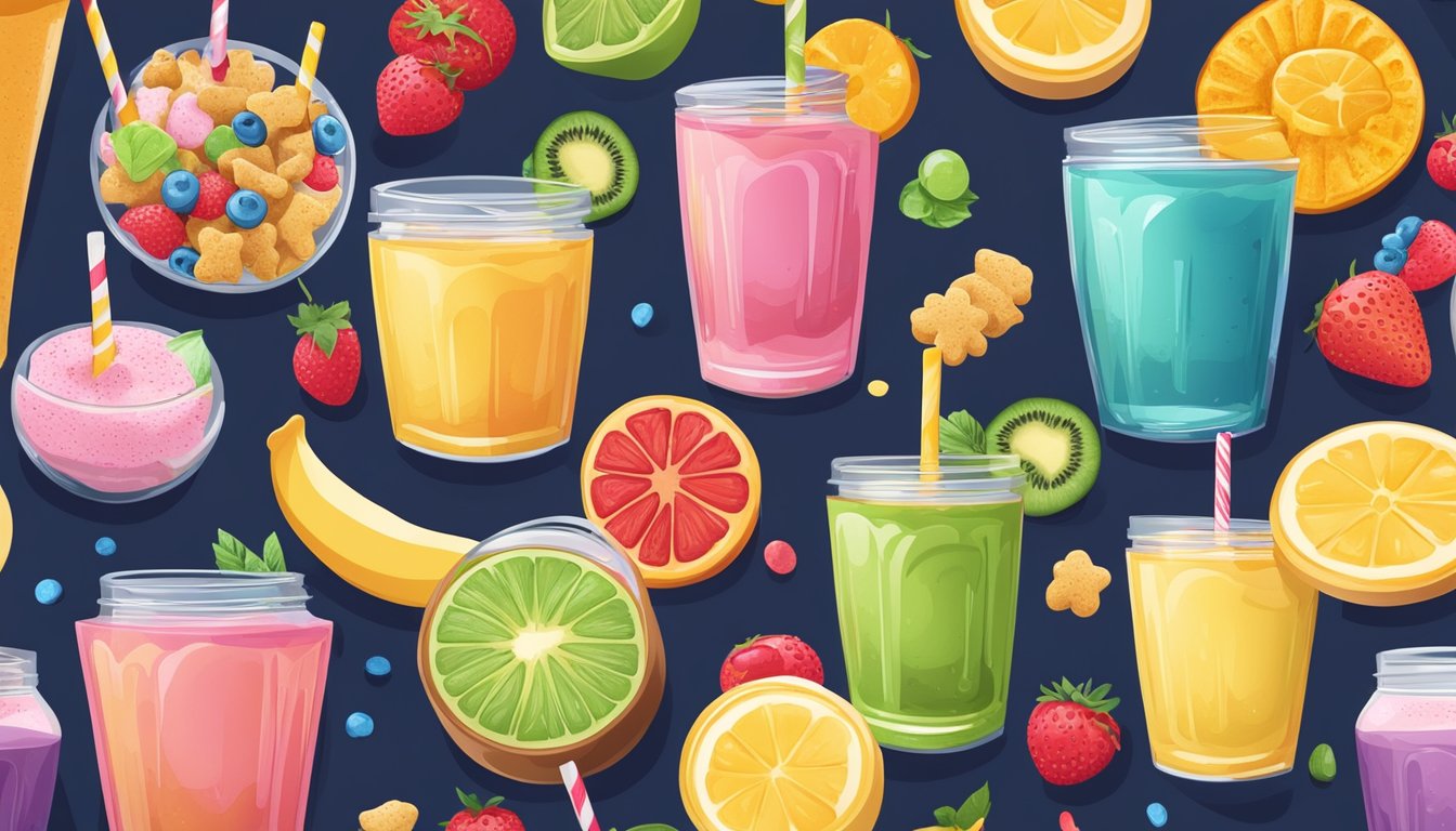 A colorful array of pre-made smoothies surrounded by sugary snacks and sweets