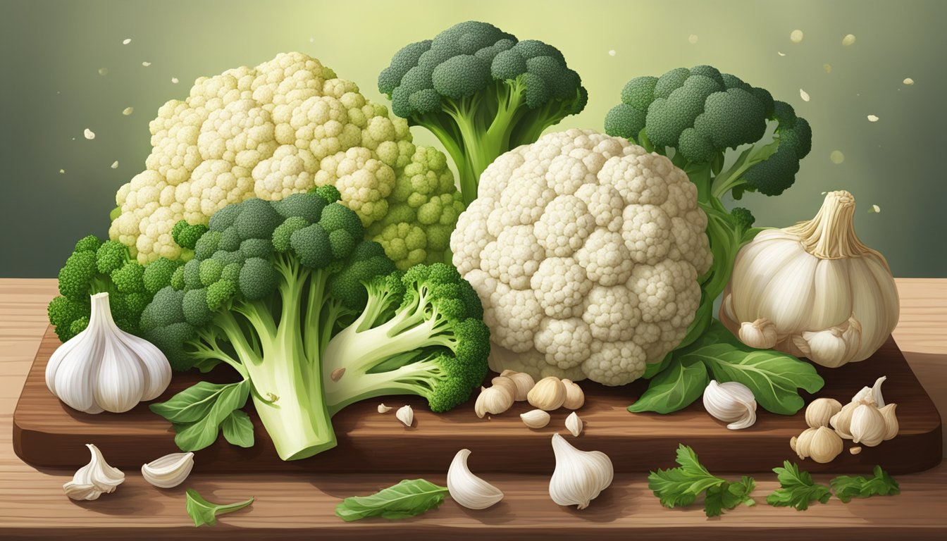 A colorful array of cauliflower, broccoli, and garlic, surrounded by fresh herbs and spices on a wooden cutting board