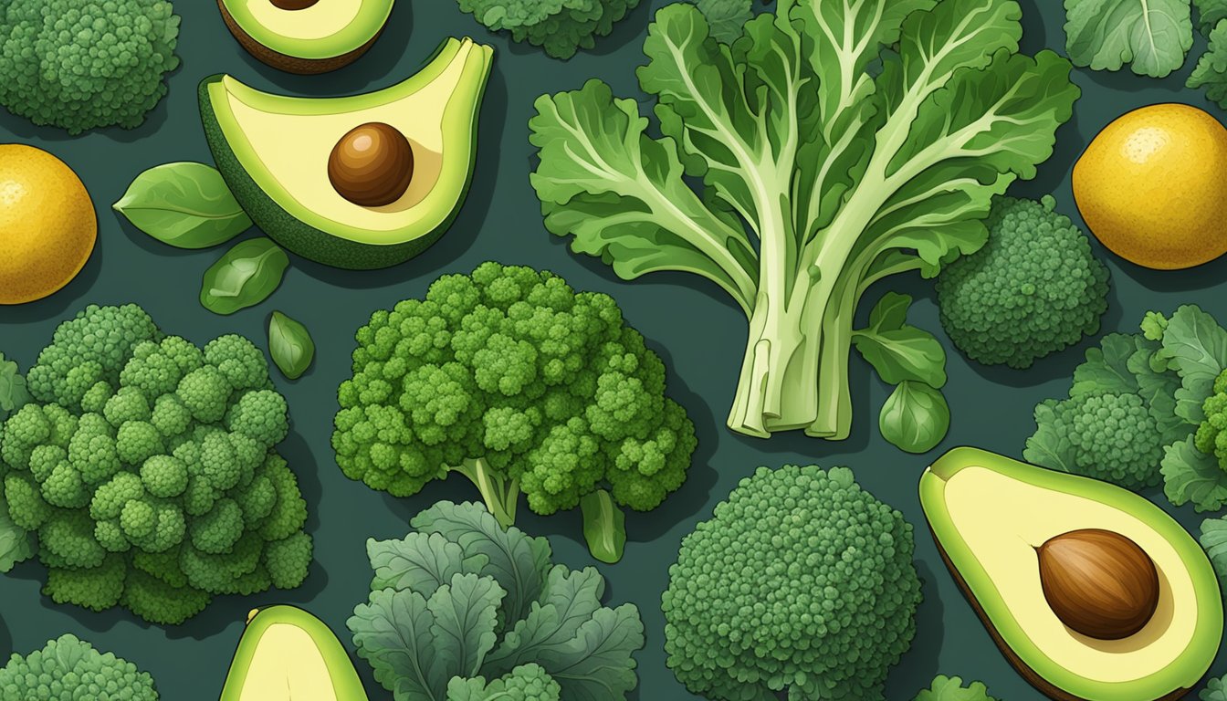 A variety of kale leaves, broccoli, and avocados arranged on a table