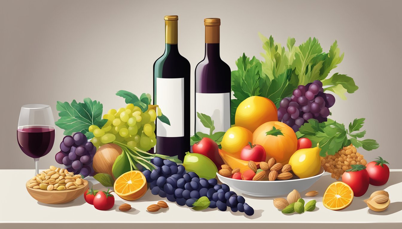 A colorful array of fruits, vegetables, nuts, and fish arranged on a table, with a bottle of olive oil and a glass of red wine nearby