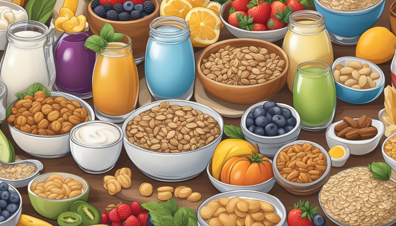 A colorful array of seemingly healthy foods, such as yogurt, granola bars, and flavored oatmeal, with hidden high levels of added sugar