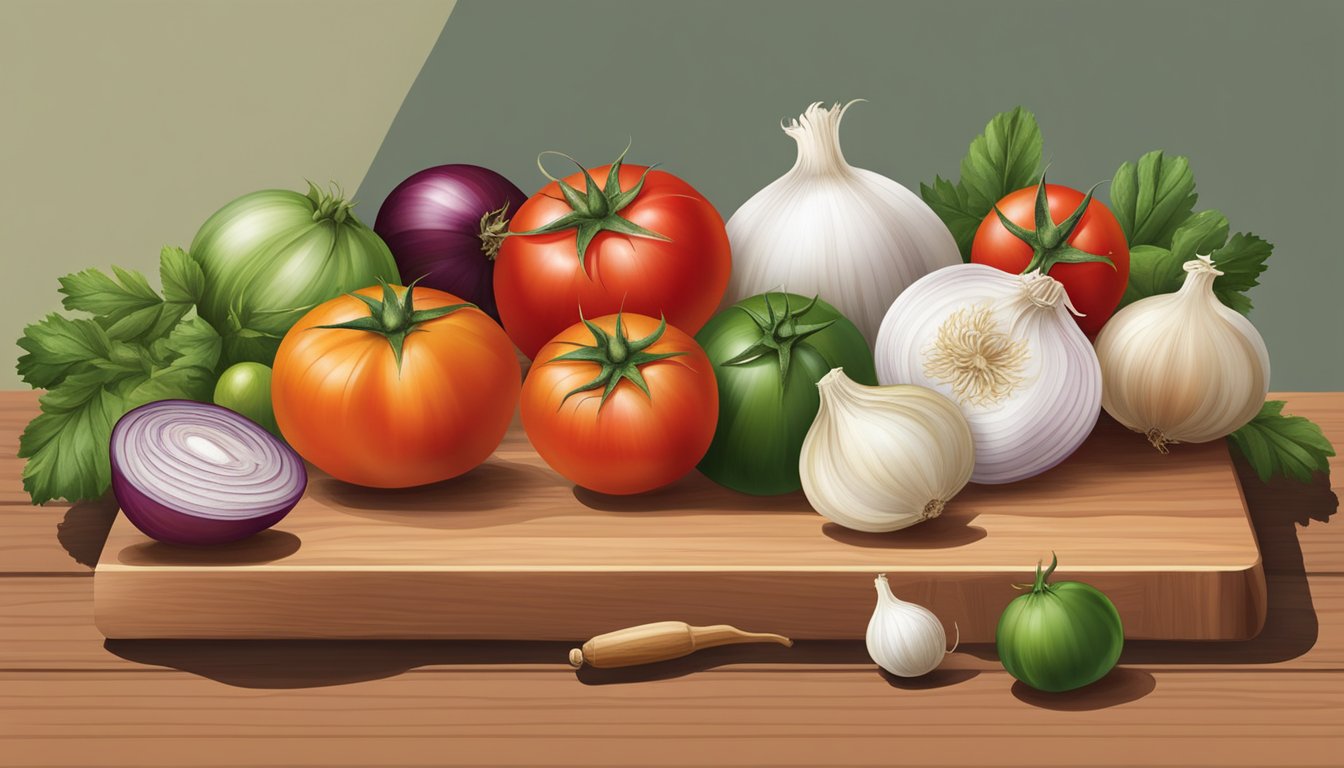 A variety of tomatoes, garlic, and onions arranged on a wooden cutting board