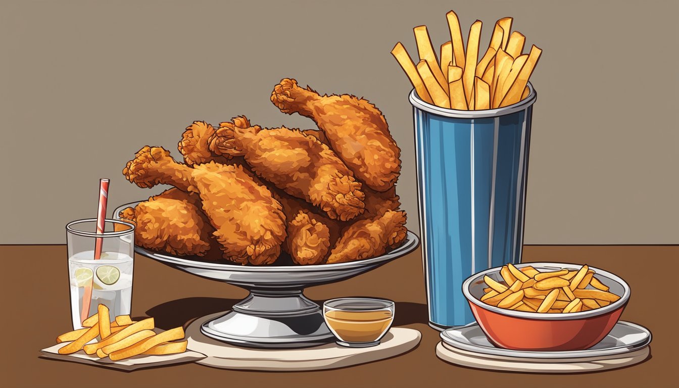 A table set with fried chicken, french fries, and soda