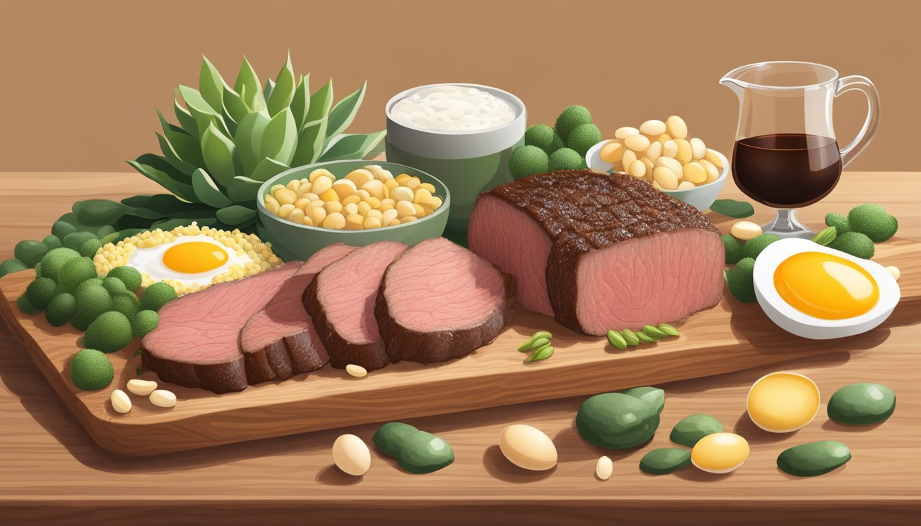 A succulent beef tenderloin surrounded by leucine-rich foods like eggs, cheese, and soybeans, all arranged on a wooden cutting board