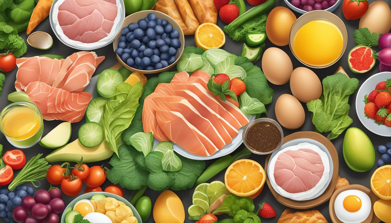 A colorful array of tuna, eggs, chicken, and other leucine-rich foods displayed on a vibrant plate, surrounded by fresh fruits and vegetables