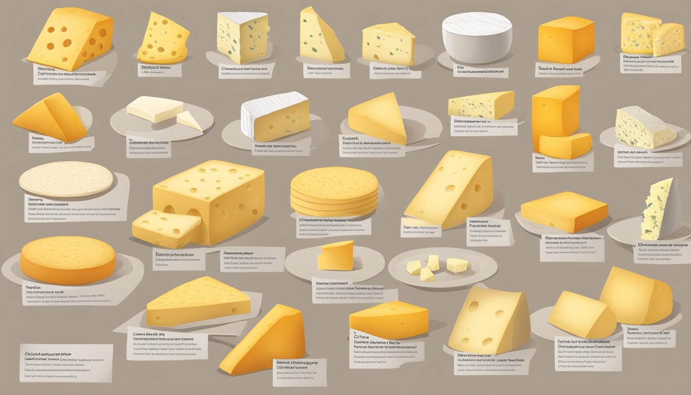 A table with a variety of full-fat cheese foods, such as blocks, slices, and wedges, surrounded by labels indicating their high cholesterol content