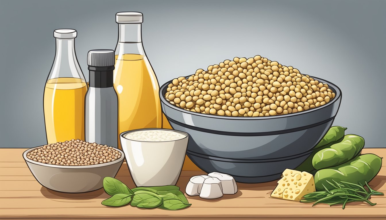 A bowl of soybeans surrounded by other leucine-rich foods, such as cheese, beef, and chicken, with a dumbbell in the background