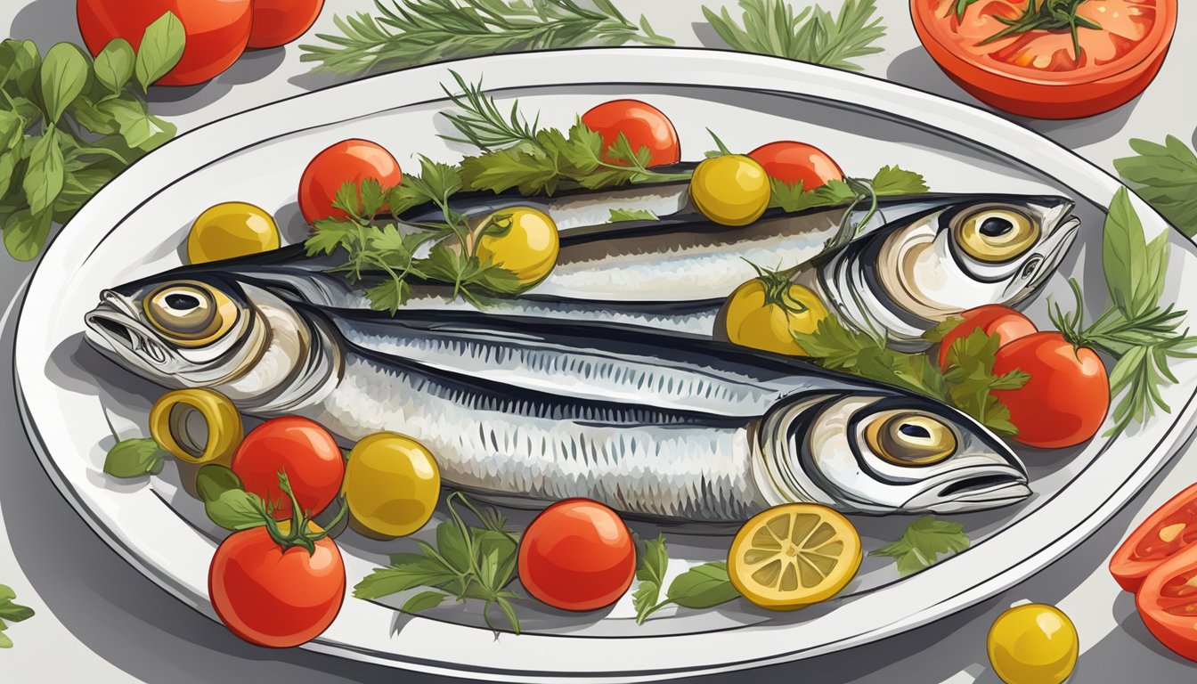 A plate of sardines surrounded by tomatoes, olives, and herbs