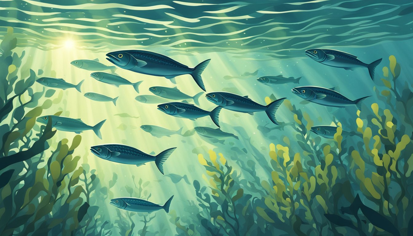 A school of mackerel swimming through a kelp forest, with sunlight filtering through the water above