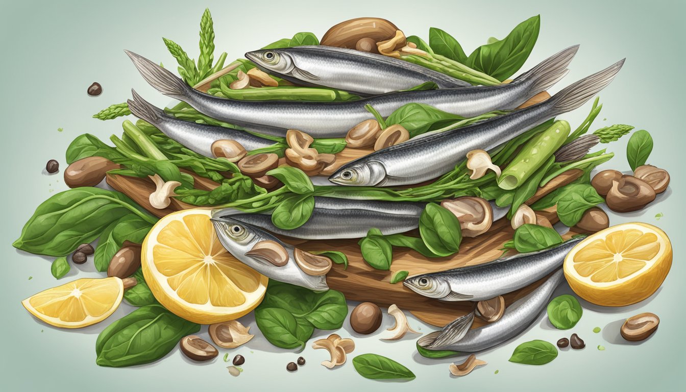 A pile of anchovies surrounded by foods high in nucleic acid, such as spinach, mushrooms, and asparagus