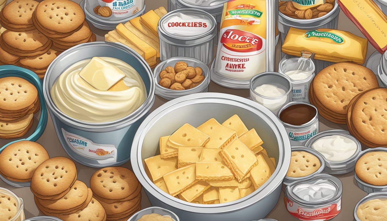 A tub of margarine surrounded by processed foods, such as cookies, crackers, and pastries, with a red "bad cholesterol" meter rising above them