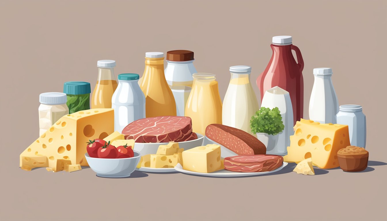 A carton of whole milk surrounded by high-cholesterol foods like cheese, butter, and red meat