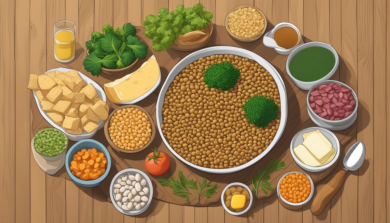 A bowl of lentils surrounded by other leucine-rich foods like beef, chicken, fish, and dairy products on a wooden table