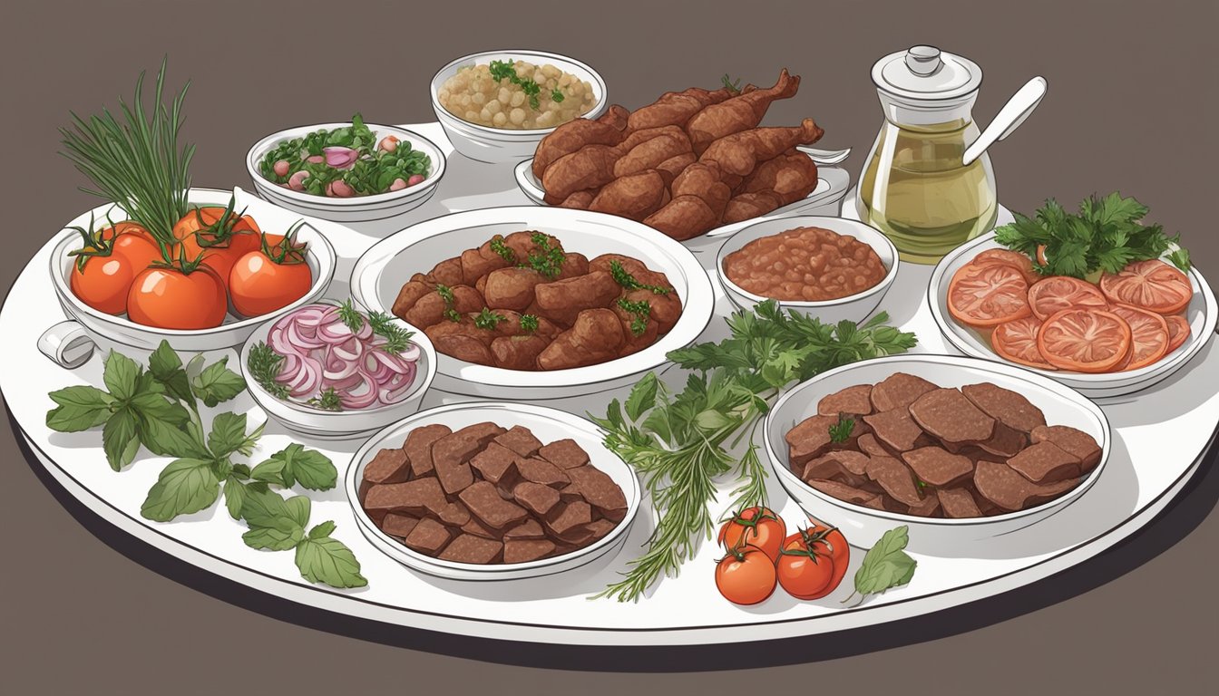 A table spread with various pork liver dishes surrounded by ingredients like tomatoes, onions, and herbs