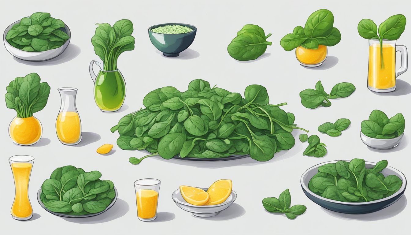 A variety of spinach dishes arranged around a glowing nitric oxide molecule