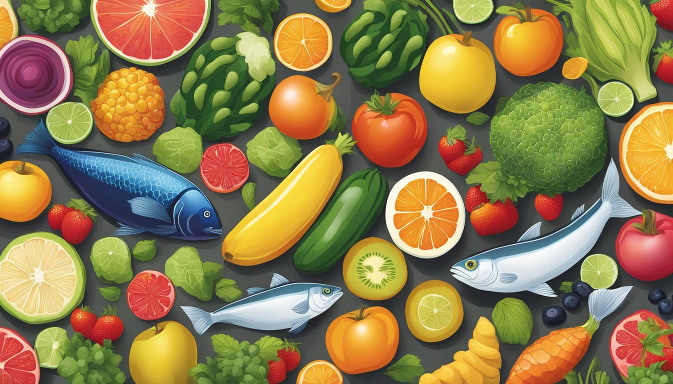 A colorful array of fruits, vegetables, and fish arranged on a table, showcasing a variety of nucleic acid-rich foods