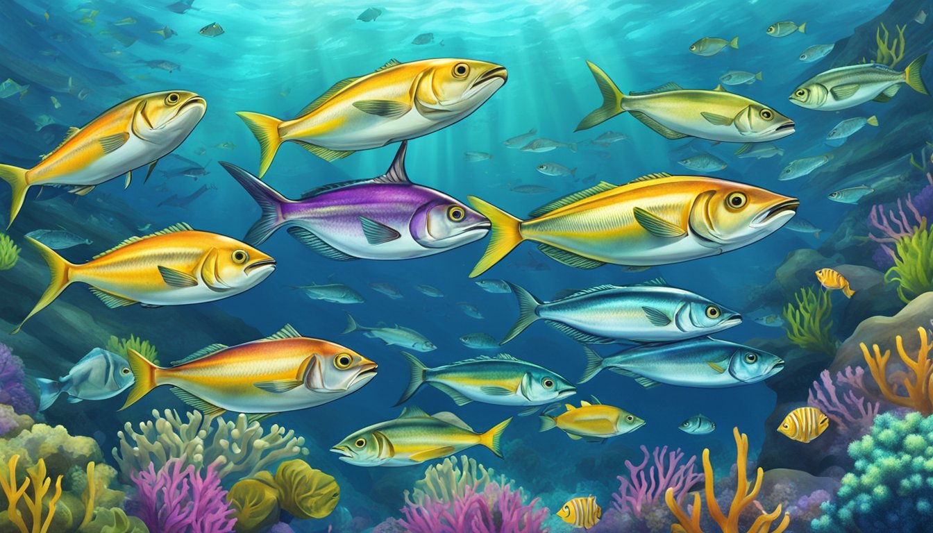 A school of mackerel swimming among a variety of other colorful fish in a vibrant and bustling underwater reef ecosystem