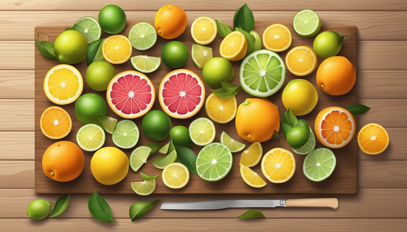 A variety of citrus fruits arranged on a wooden cutting board, including oranges, lemons, and limes