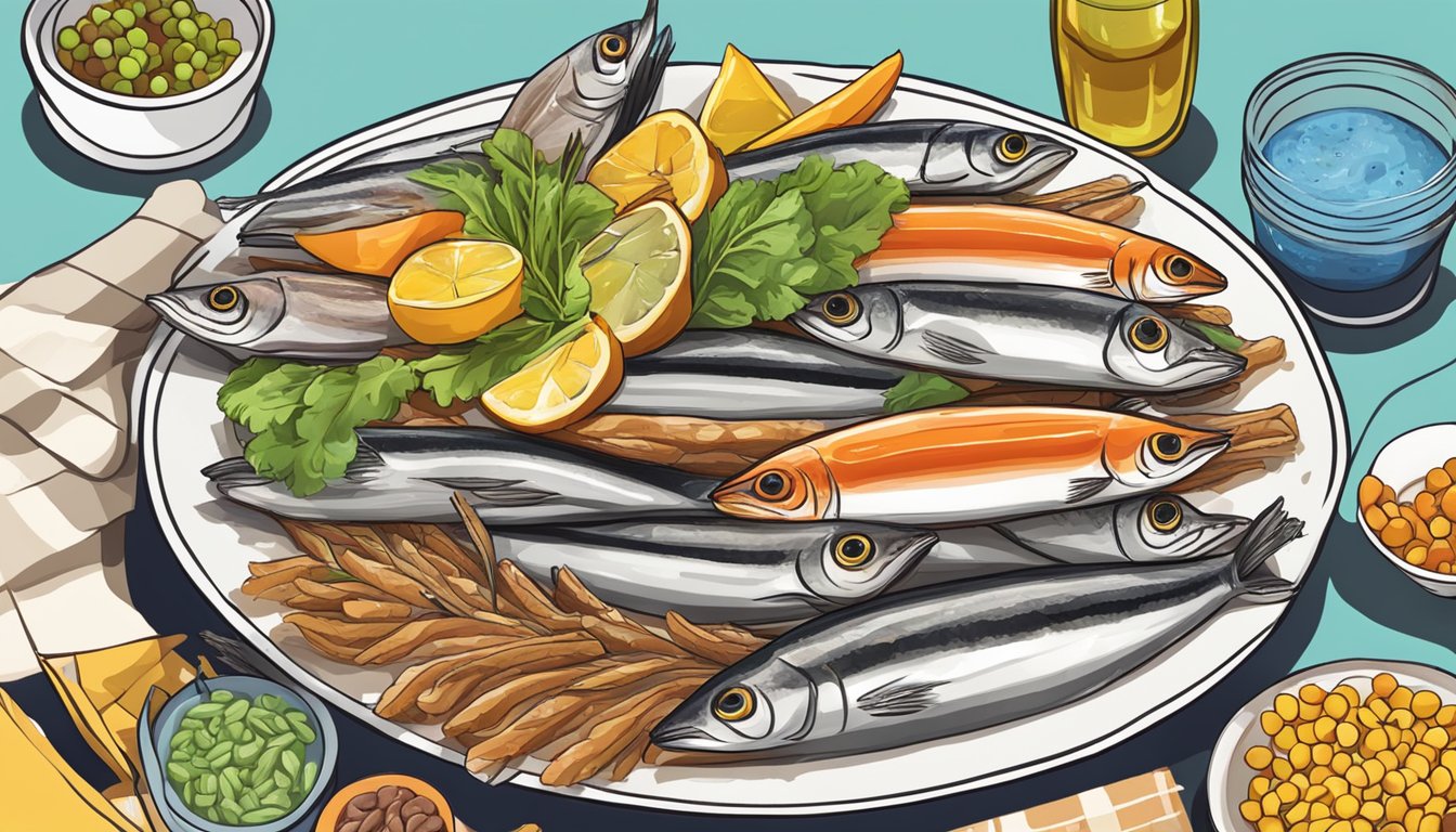 A plate of anchovies surrounded by colorful foods rich in EPA